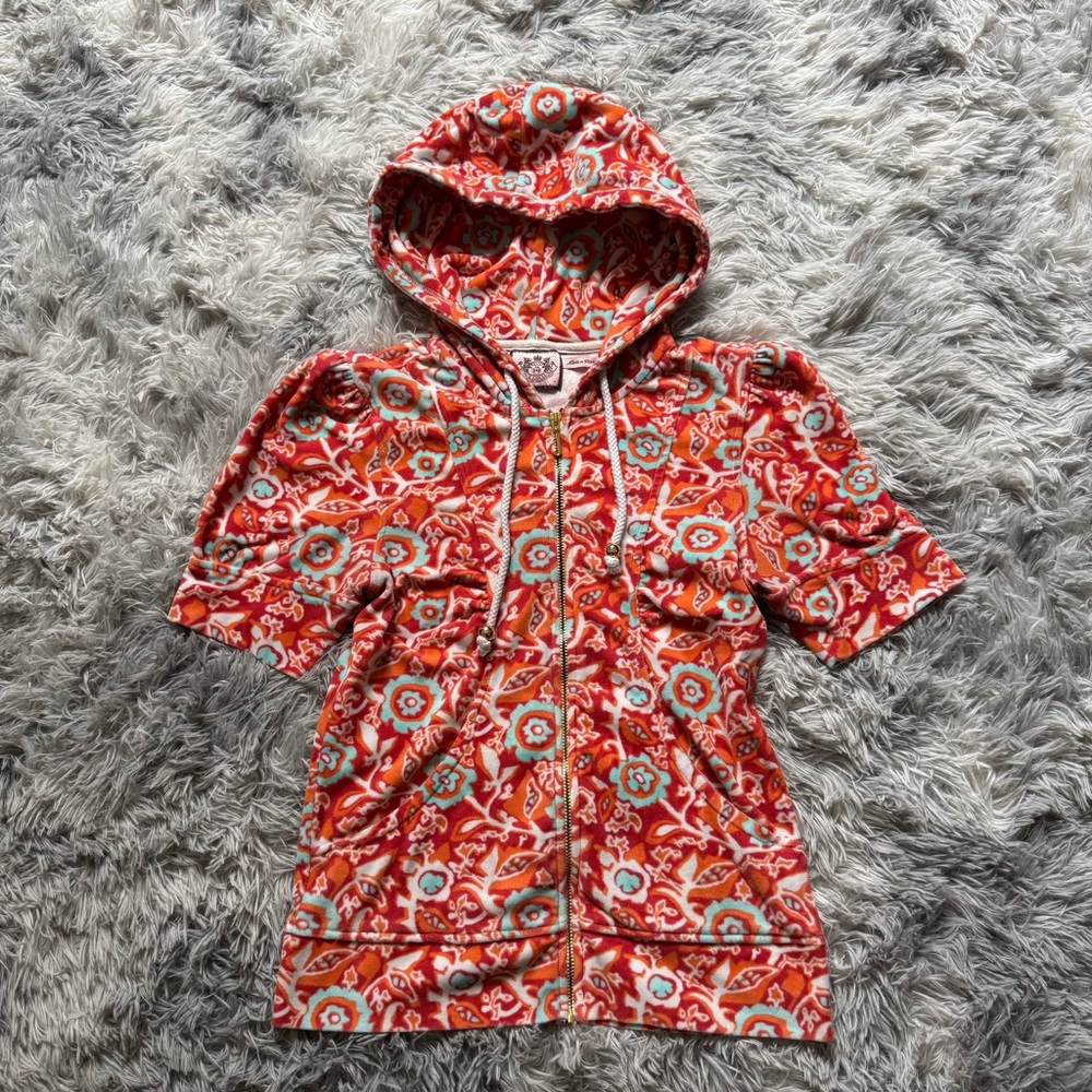 Juicy couture Short Puff Sleeve Zip Hoodie Retro Floral Red Orange Turquoise S